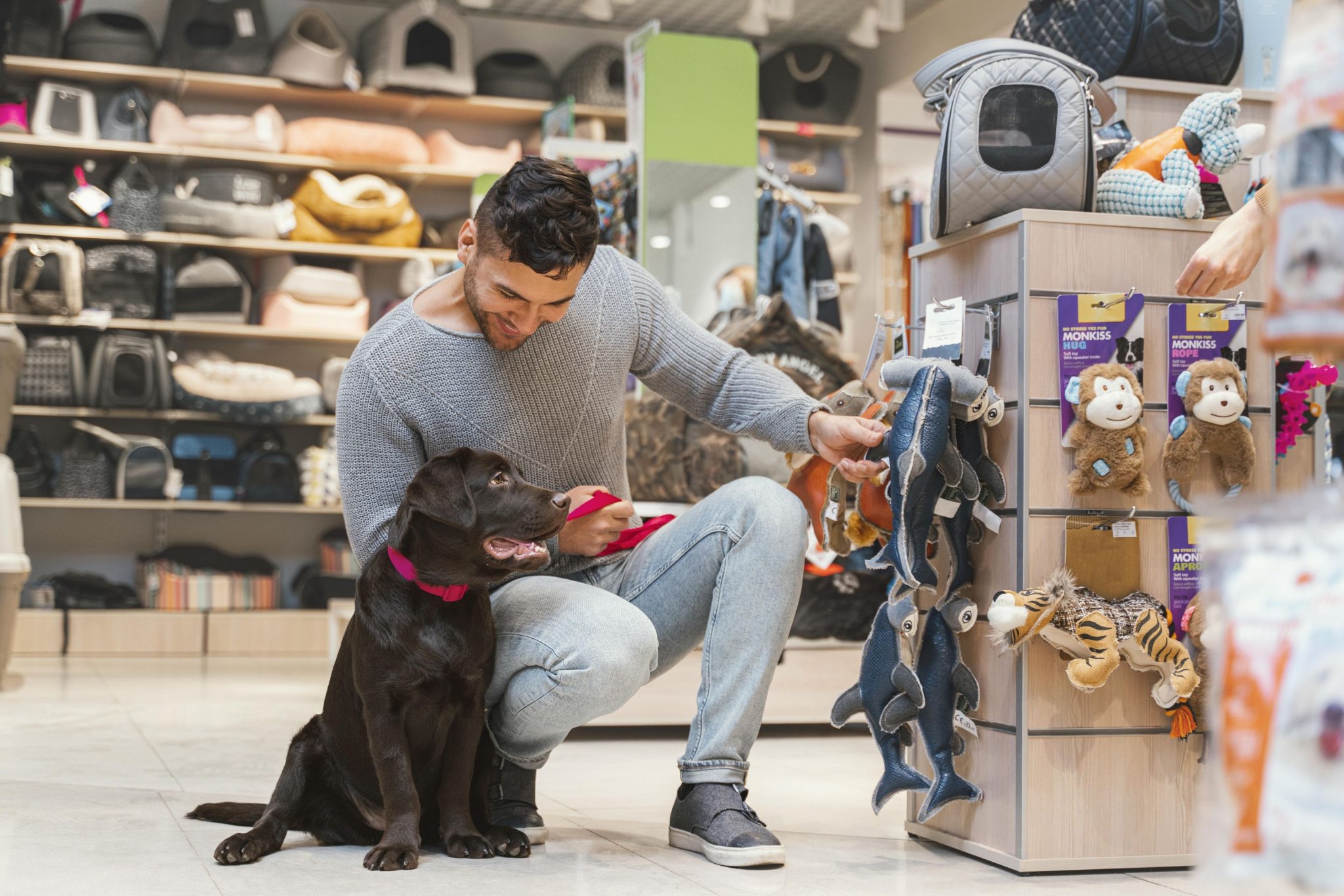 Tutor com o seu cachorro em um pet shop aproveitando a Black Friday Pet