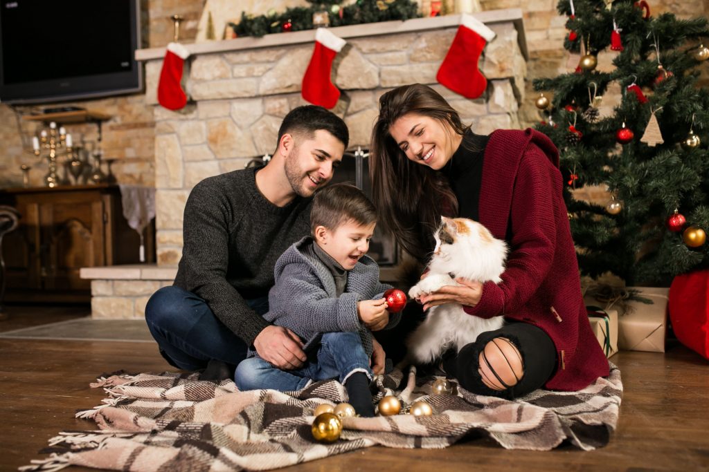 Família com o gato no Natal